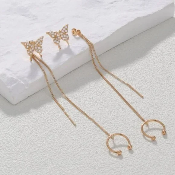 2pcs Cubic Zirconia Butterfly Decor Chain Linked Earring Yellow Gold Jewelry - Picture 4 of 6